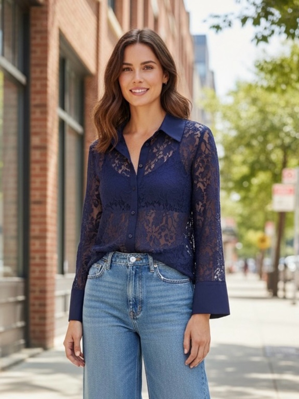 Maeve Anthropologie Navy Blue Sheer Floral Lace Button Down Blouse Top